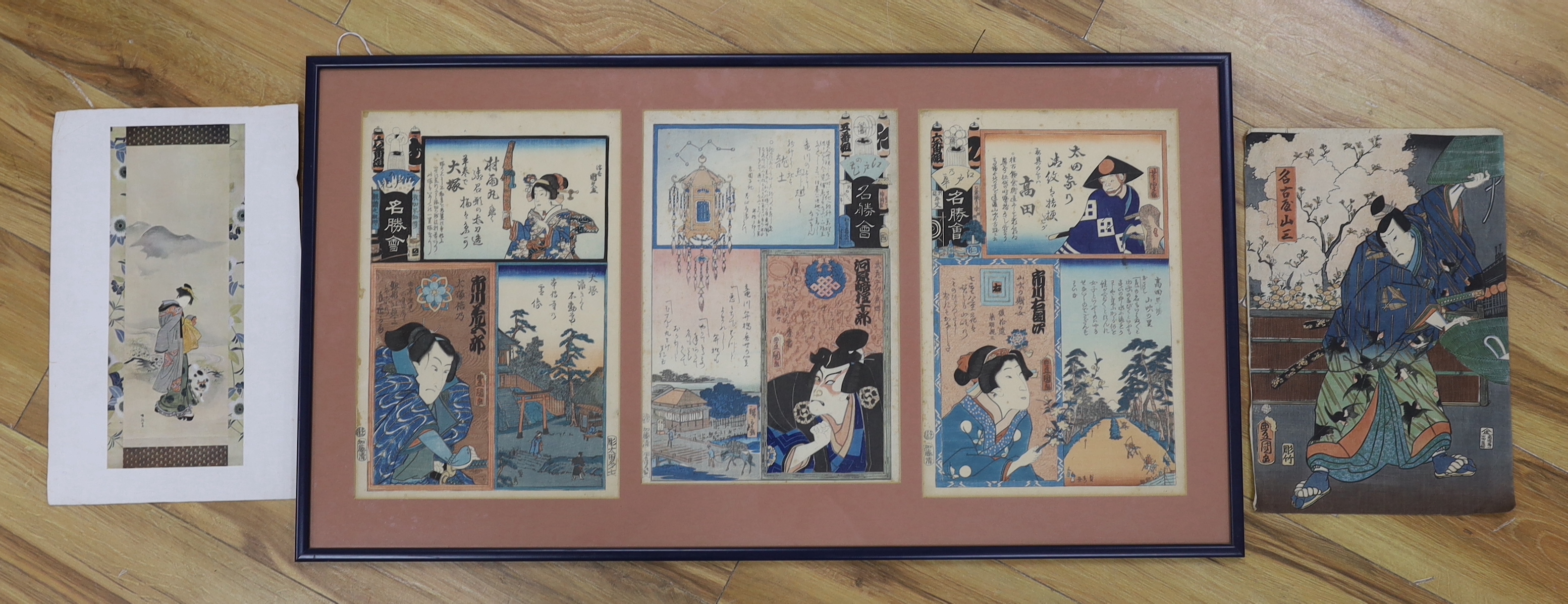 Utagawa Kunisada (1786-1865) Japanese woodblock Triptych, together with a similar example by the same artist and a print after Isoda Koriusai, the largest overall 87cm x 47cm
